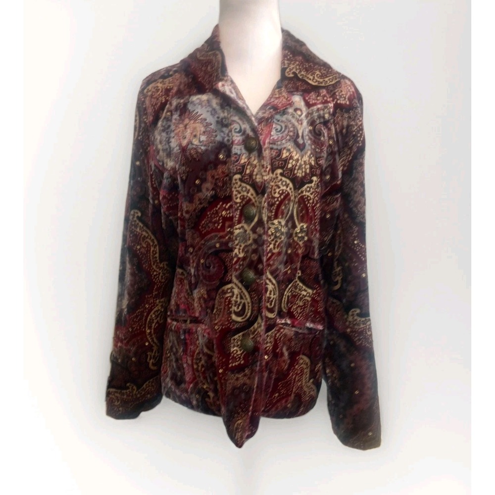 Chico's Size 1 M Velvet Burnout Jacket Womens Burgundy Jacquard Button Sequins